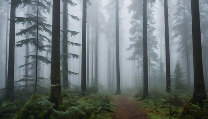 Obraz premium Foggy forest with tall, slender trees disappearing into the mist