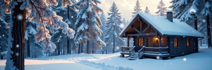 Snowflakes gently falling on wooden cabin roof, snowy forest, forest floor, winter wonderland