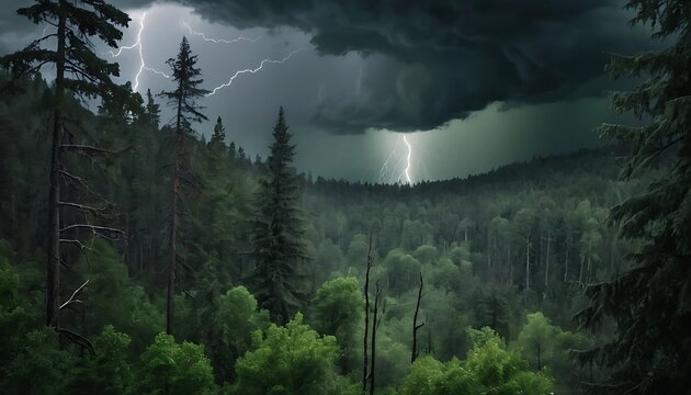 Dramatic forest scene during a storm, with dark clouds, rain-soaked trees, and flashes of lightning