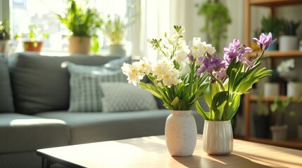 A Scandinavian style living room interior with a coffee table with decorative plants. Spring flowers in vase on a wooden coffee table.