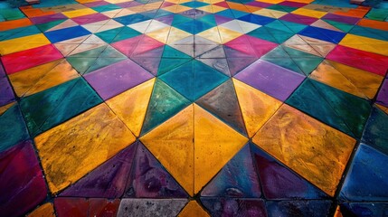 Fototapeta premium Vibrant geometric pattern of colorful tiles arranged in a striking design on a public plaza