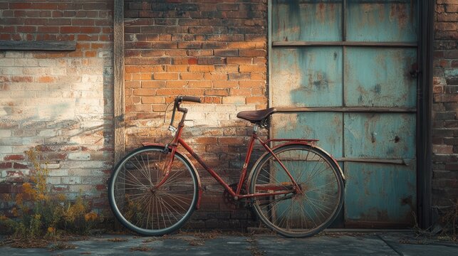 A vibrant red bike rests against a textured brick wall, showcasing a striking contrast between color and material in an urban setting. - Powered by Adobe