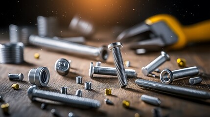 Fototapeta premium Close-up of assorted metallic bolts and nuts scattered on a wooden surface with tools in the background