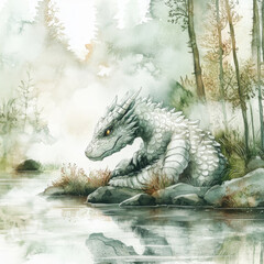 realistic water dragon illustration painted, quietly relaxing by lake