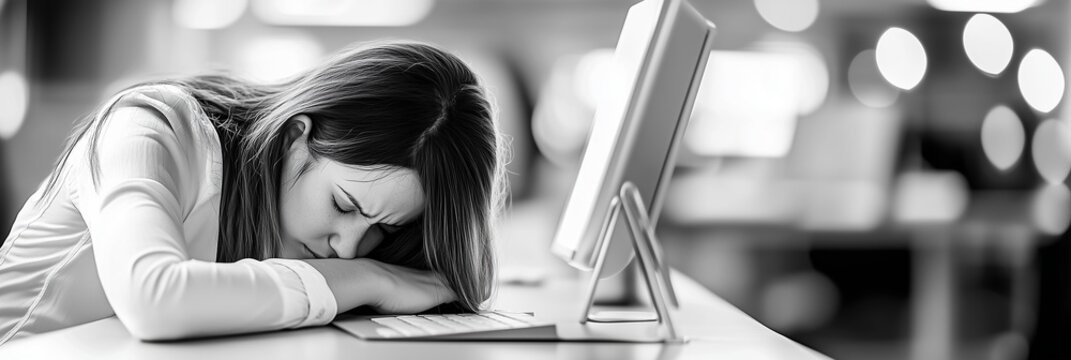 A young woman in a white blouse resting her head on a desk, looking exhausted in a modern office environment, captured in black and white