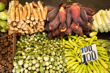 wide variety seasonal vegetables and fruits Crowded central food Market Colombo.