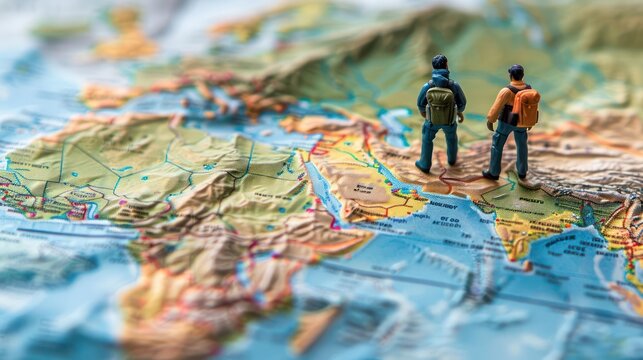 Two miniature hikers exploring a detailed map of Asia, surrounded by mountains and rivers