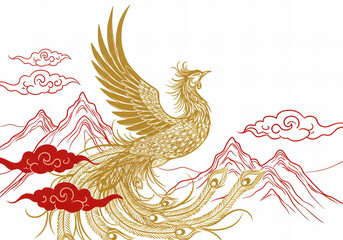 Fototapeta premium Celestial Harmony: Golden Phoenix and Deity in Chinese Line Art
