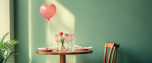 A romantic table setting with pink glassware, a heart-shaped balloon, flowers, and soft lighting, symbolizing love, intimacy, and celebration, perfect for Valentine's Day.