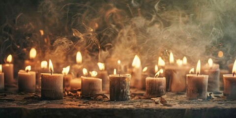 A bunch of candles are lit and are surrounded by smoke