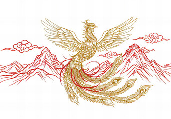 Fototapeta premium Celestial Harmony: Golden Phoenix and Deity in Chinese Line Art