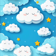 Playful Cloud and Star Design on a Dreamy Blue Background – Cute and Whimsical Art"