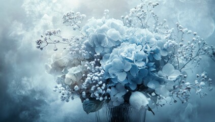 Blue hydrangea bouquet, smoky background, studio shot, floral design