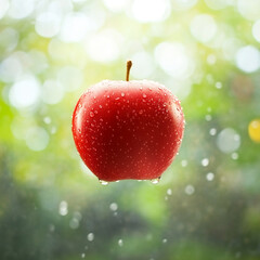 A fresh red apple suspended in front of a blurred green background with water droplets, symbolizing freshness, health, and natural purity.