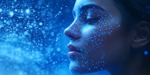 Woman s Face With Digital Network, Futuristic Technology And Artificial Intelligence Concept.