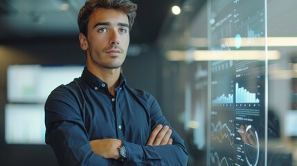Professional man analyzing data in a modern corporate office environment during the day