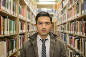 Intellectual Asian Male Portrait in Library Setting