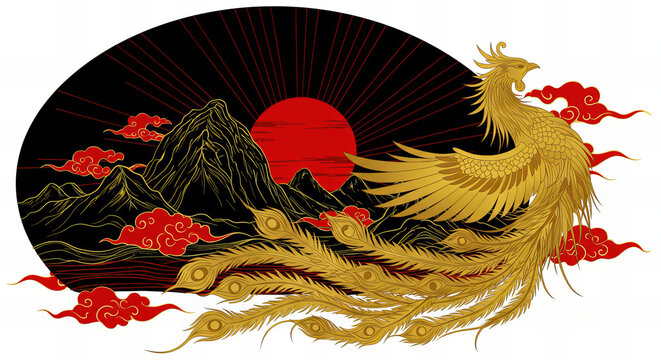 golden phoenix rising over mountains at sunset clip art preview