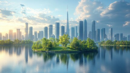 zero emissions day cityscape with green island and skyscrapers 3d rendering