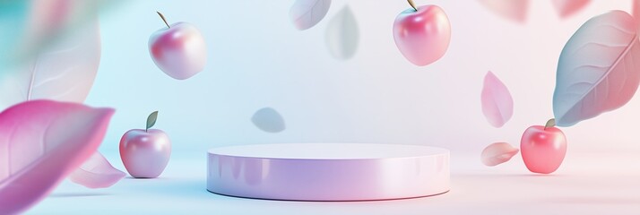 Fototapeta premium Smooth pastel toned podium surrounded by floating apples and leaves in a serene setting