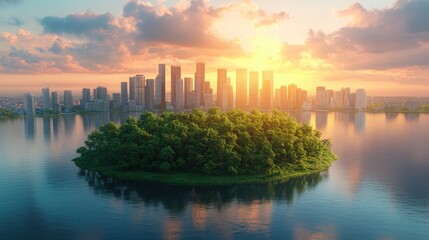 Fototapeta premium zero emissions day cityscape with green island and skyscrapers 3d rendering
