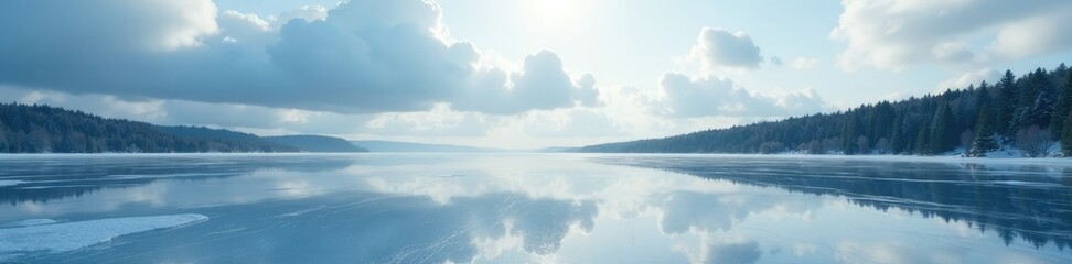 Fototapeta premium Frozen lake surface reflected in cloudy sky above, frozen lake cloud summer landscape, serene scene