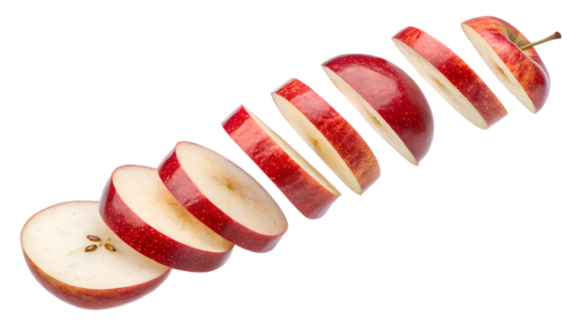 red apple slices in a straight line falling in the isolated on transparent background png