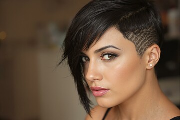 Naklejka premium Stylish Female Portrait with Edgy Black Sidecut Hairstyle