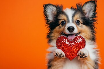Cute shetland sheepdog hound with sparkling rhinestones red heart - emblem of love, funny greeting card. Shetland sheepdog - my beloved dog. Commercial design idea. Dog valentine gift ideas.
