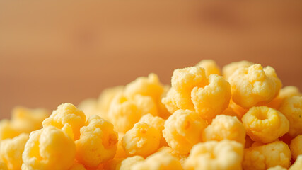 Tasty cheesy corn puffs as background, closeup. Generative AI