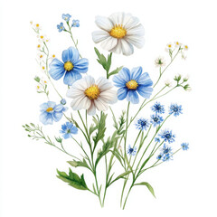 Fototapeta premium Watercolor painting with realistic blue flowers and daisies in boho style