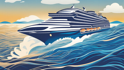 A logo design concept featuring a vector representation of a blue cruise ship navigating through ocean waves, serving as a symbol of travel and adventure
