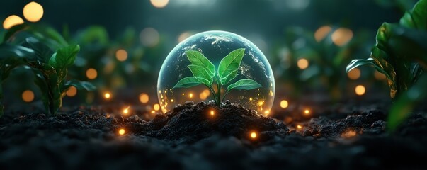 Visualize a sustainable future with a holographic Earth showcasing climate crisis warnings and revolutionary technological solutions Explore the intricate details of global sustainability efforts