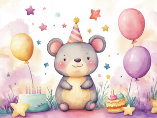 Obraz premium Cute wombat celebrating birthday with balloons, cake, and stars,Birthday party card watercolor illustration
