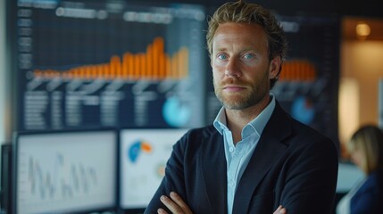 Professional man standing confidently in a modern office surrounded by data analysis displays and digital graphs