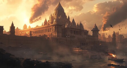 Sunrise over ancient riverside temple, India, burning boat