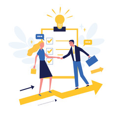 Business concept. Team metaphor. People connect puzzle elements. Flat illustration in flat design style. Teamwork, collaboration, partnership. Businessmen working together and moving towards success.