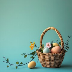 Fototapeta premium Colorful Easter Basket with Eggs and Flowers on a Minimalist Background