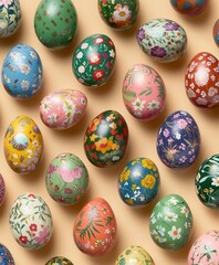 A detailed view of a collection of vibrantly painted eggs arranged on a table, showcasing intricate designs and colors.