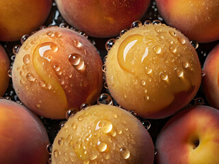 Juicy Peach Dewdrops:  Close-up, macro photography captures the glistening, dew-kissed surface of plump ripe peaches. The water droplets highlight the vibrant orange hues and fuzzy texture.  
