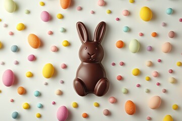 Chocolate Bunny Surrounded by Colorful Easter Candy and Eggs on a Light Background