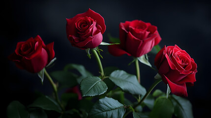 Fototapeta premium Red roses on black background symbolizing love and beauty