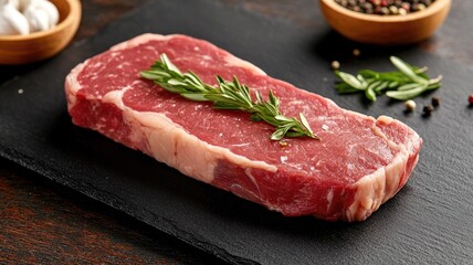 Fototapeta premium Raw steak with rosemary on slate board, seasoned