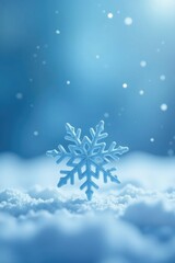Delicate blue snowflake gently falls on a gradient background of pale blues and whites, soft focus, gradient