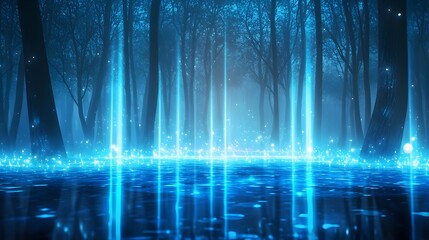 A forest with a blue lake and lights in the trees