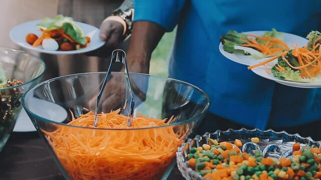 A group of people lined up to scoop up the food in the buffet line. Focusing on the hands of everyone who was scooping the food.