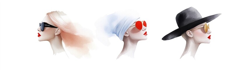 Three elegant women are depicted with flowing hair and striking red lips, each adorned with distinctive sunglasses. The artwork blends watercolor techniques with abstract strokes, perfect for fashion