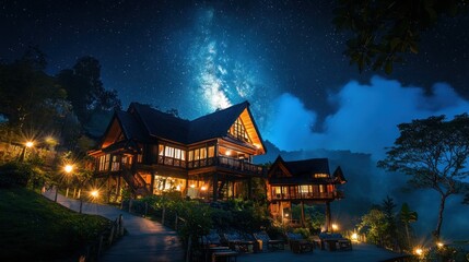 A serene mountain lodge illuminated under a starry sky, inviting relaxation and tranquility.