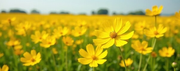 Yellow cosmos flowers blooming in a vast open field, wheat, flowers