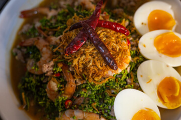 Spicy Neem Salad With Minced Pork, Shrimp And Boiled Eggs